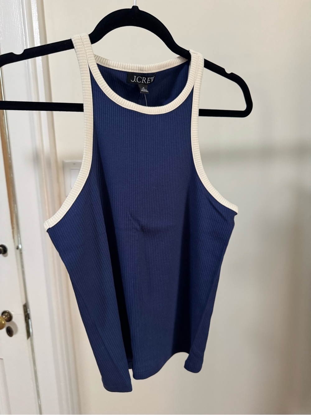 J. Crew Navy Ribbed Tank with Cream Trim Accents